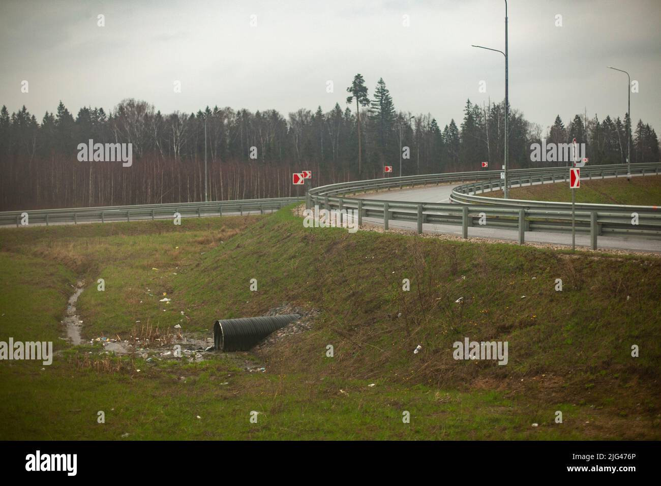 Pipe on track. Drain from road. Details of traffic interchange Place of ...