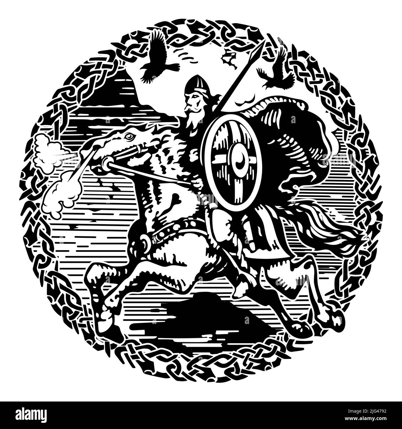 Scandinavian Viking design, God Odin on a war horse and Old Norse ornament with runes Stock Vector