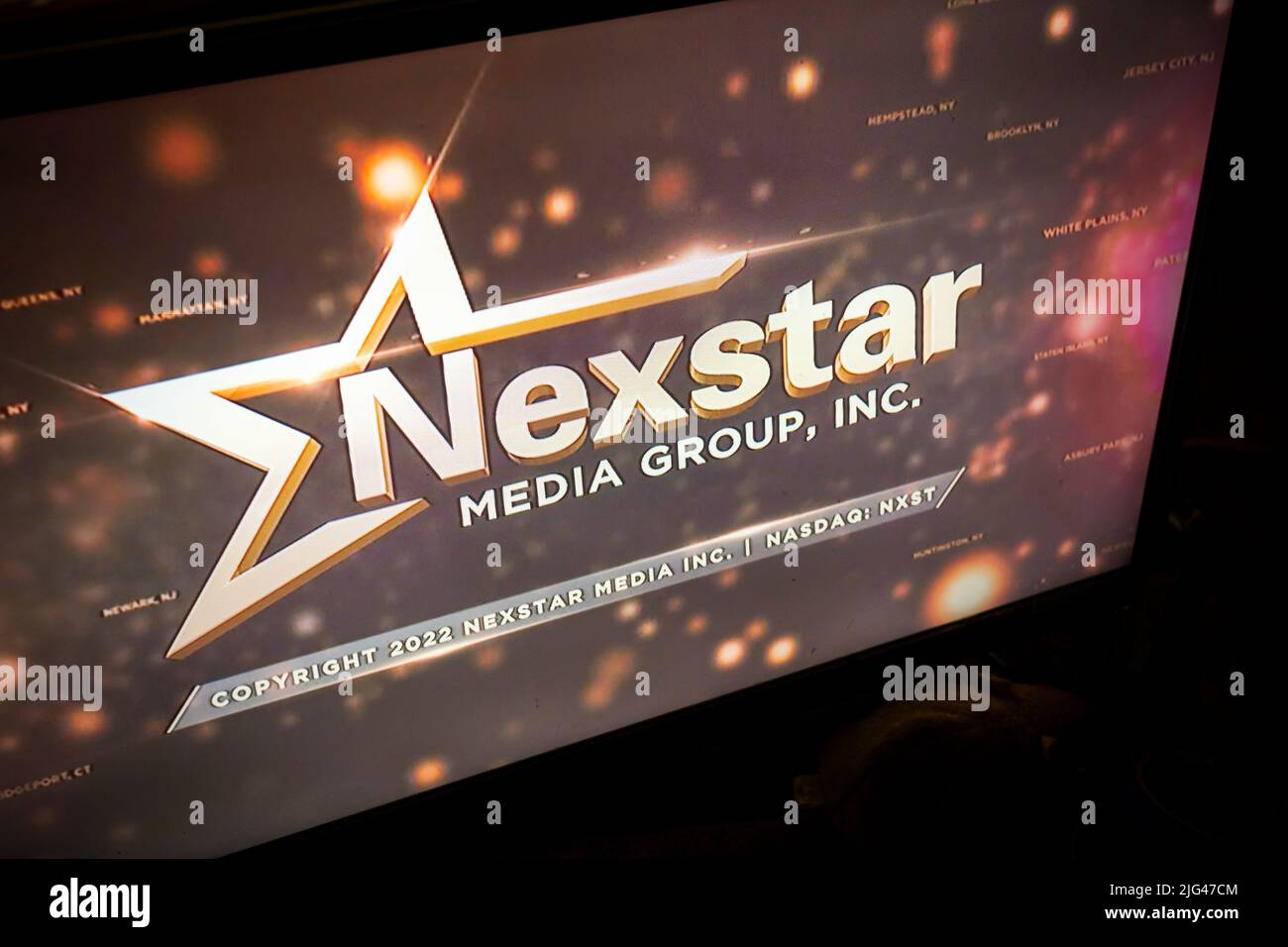 The Nexstar Media Group logo is seen at the end of the WPIX news in New York on Sunday, July 3, 2022. Nexstar is reported to be close to a deal to buy a majority stake in the CW Network from Paramount Global and Warner Bros. Discovery. (© Richard B. Levine) Stock Photo