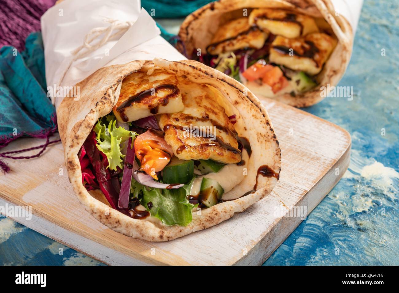 Traditional Mediterranean Arabic grilled halloumi, hummus and