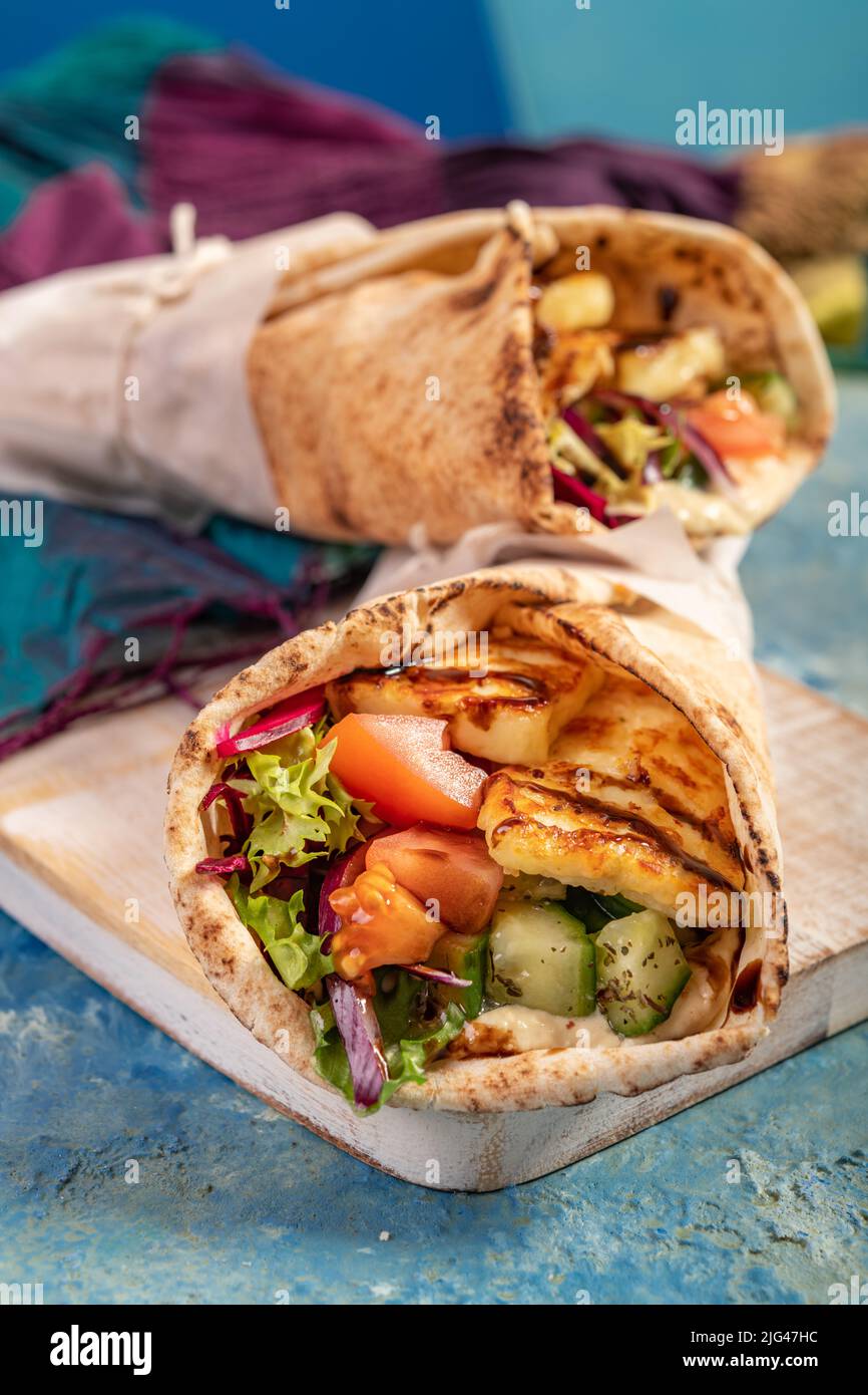 Traditional Mediterranean Arabic grilled halloumi, hummus and