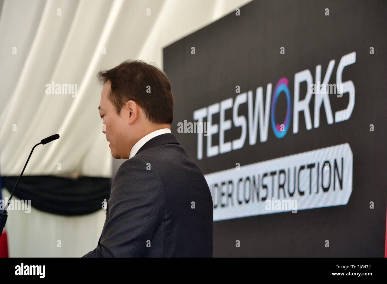 Redcar, UK. 07 Jul 2022. Construction has started on SeAH Wind Ltd’s offshore wind facility marking the first major private sector investment beginning construction at a UK Freeport. President & CEO of SeAH Steel Holdings Joosung Lee (pictured) took part in an official Signing Ceremony, presentations and the ground breaking for the £400million facility, with more than 200 local business leaders also attending. Credit: Teesside Snapper/Alamy Live News Stock Photo