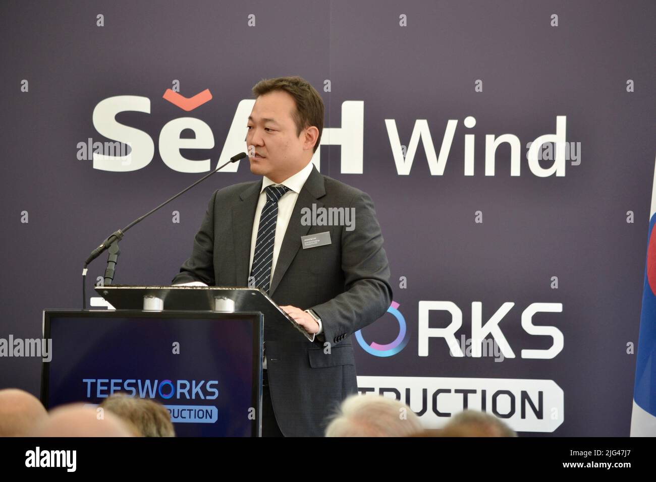 Redcar, UK. 07 Jul 2022. Construction has started on SeAH Wind Ltd’s offshore wind facility marking the first major private sector investment beginning construction at a UK Freeport. President & CEO of SeAH Steel Holdings Joosung Lee (pictured) took part in an official Signing Ceremony, presentations and the ground breaking for the £400million facility, with more than 200 local business leaders also attending. Credit: Teesside Snapper/Alamy Live News Stock Photo