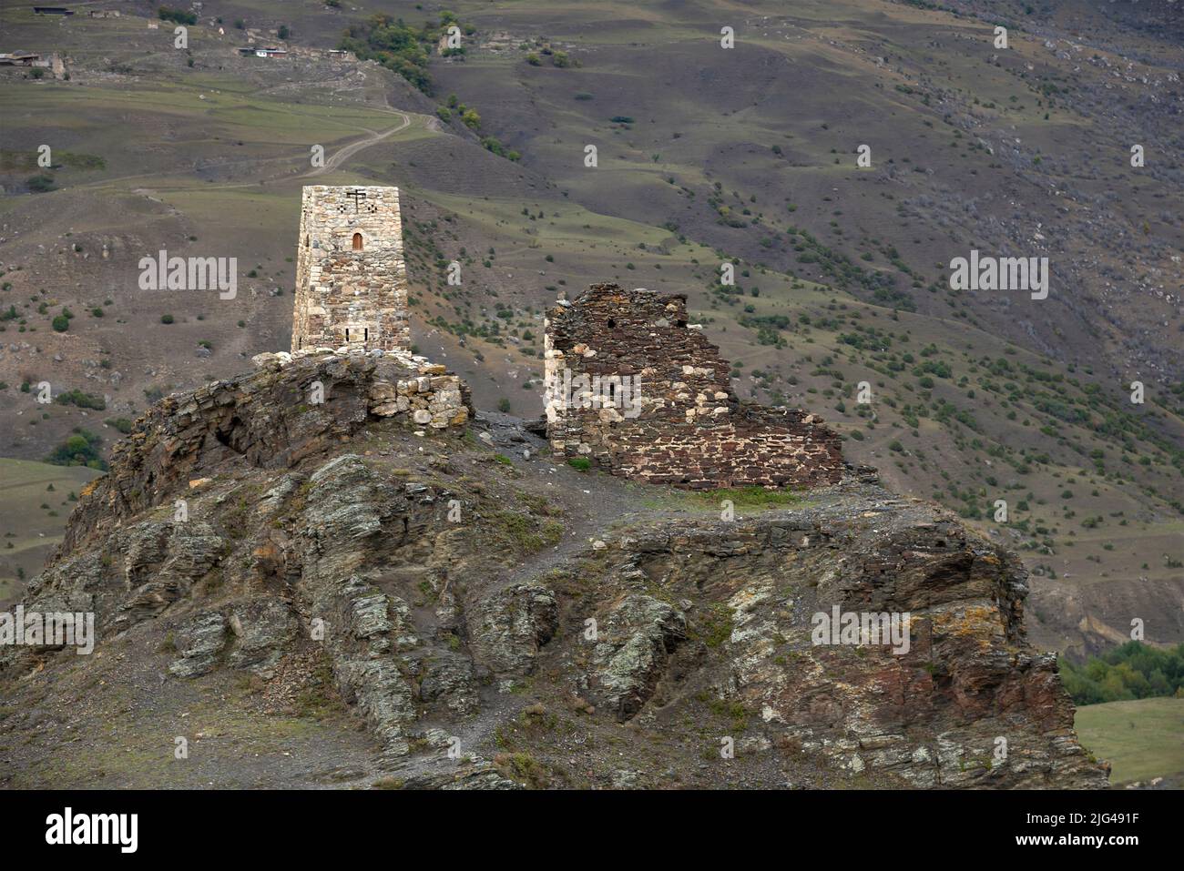 Ancient Ossetian battle tower. Surroundings of the village of Verkhny Fiagdon. North Ossetia - Alania. Russia Stock Photo