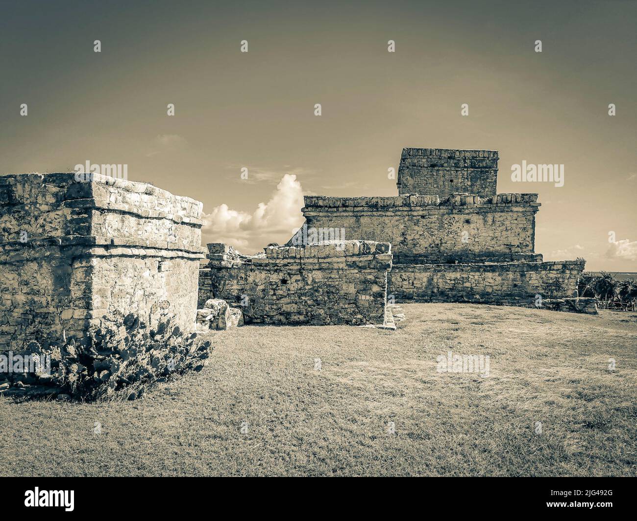 Old black and white picture of Ancient Tulum ruins Mayan site with