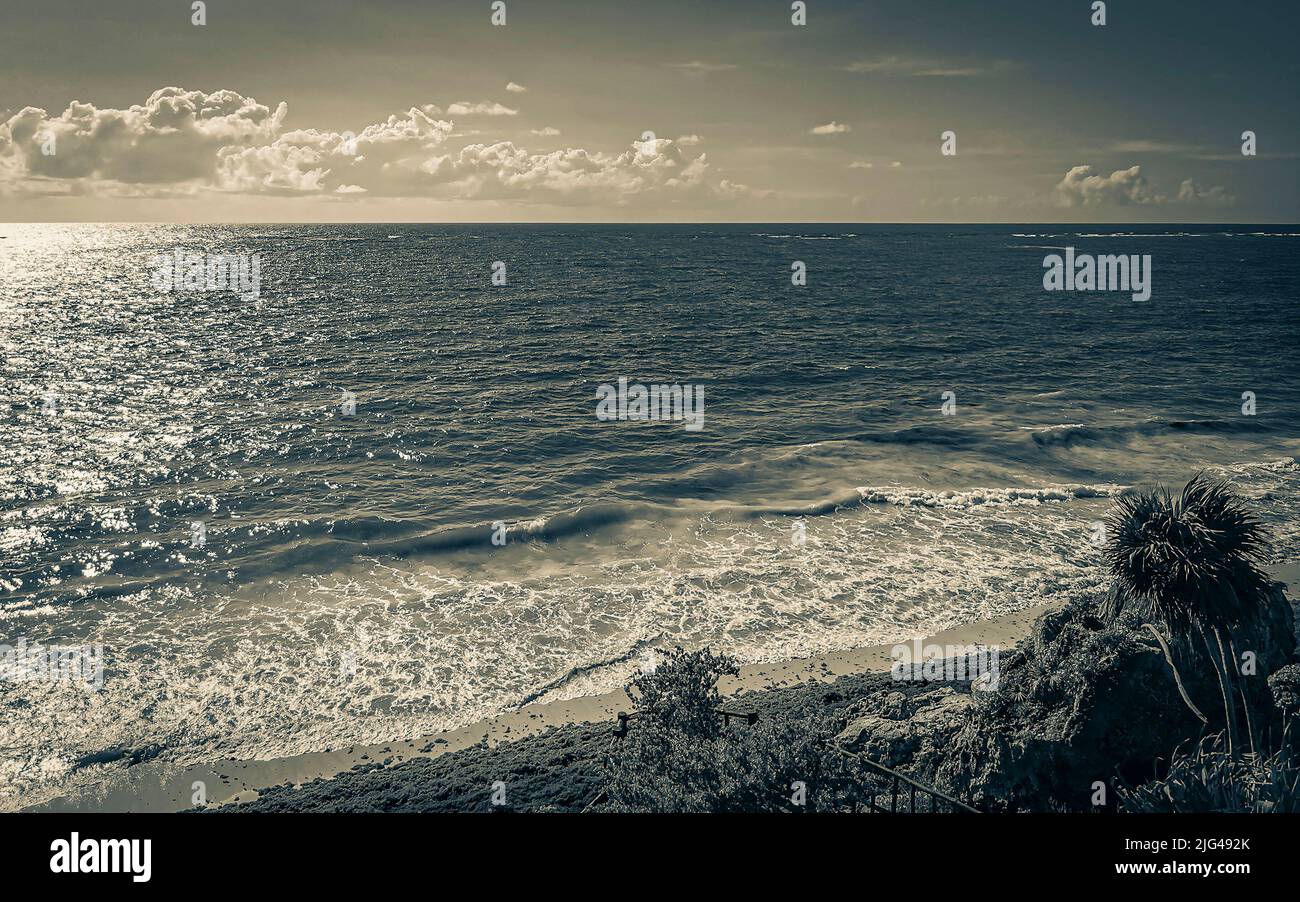 Old black and white picture of Ancient Tulum ruins Mayan site with