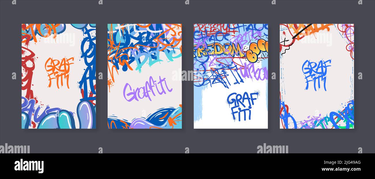Street art poster. Urban graffiti banners, freestyle tags with spray paint splashes and abstract vector backgrounds set Stock Vector
