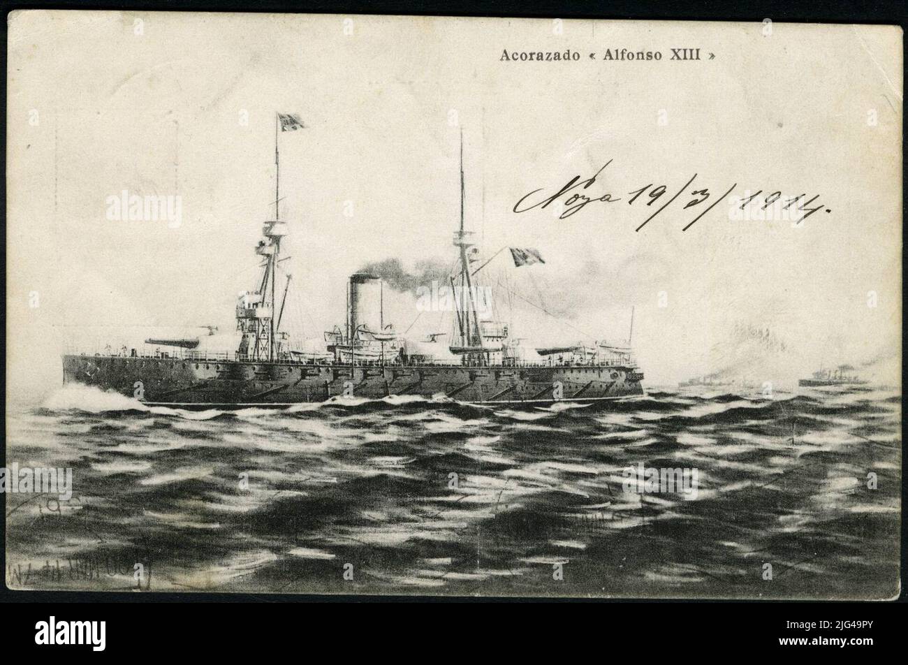 Alfonso XIII Alfonso. Reasoned classification: Postcard's photography shows the reproduction of a drawing of the battleship 'Alfonso XIII' in the sea. Alfonso XIII, was the second of a series of three battleships Dreadnough model built by Spain at the beginning of the 20th century. The launch of it took place on May 7, 1913 in the Shipyard of Ferrol (A Coruña), the same in which she was built. The first mission of Alfonso XIII was to monitor the Spanish coast during World War I. She was also the first Spanish warship that entered Cuba after her independence. He also participated in the landing Stock Photo