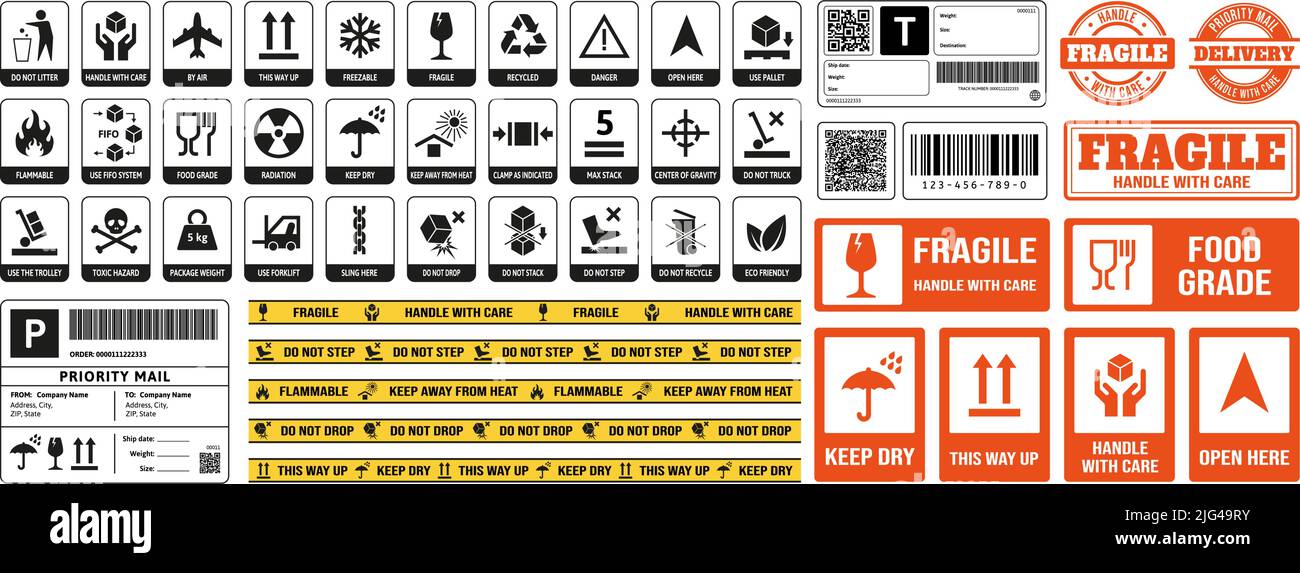 Packaging stickers. Parcel direction info, fragile warning sticker and print for adhesive tape with packaging symbols vector set Stock Vector