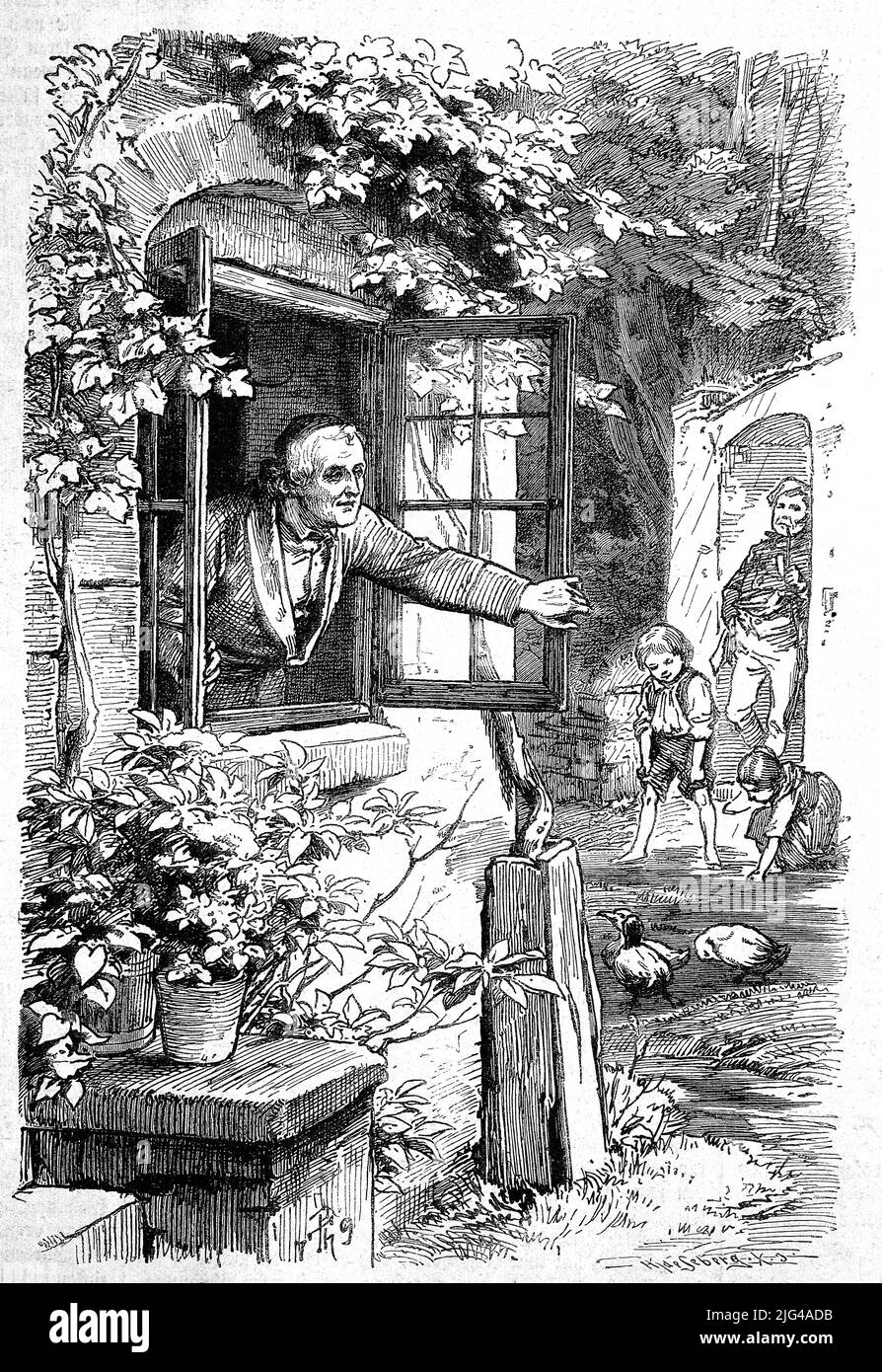 Regen, der Großvater schließt das Fenster während die Kinder im Regen Spaß haben / Rain, the grandfather closes the window while the children have fun in the rain, Historisch, historical, digital improved reproduction of an original from the 19th century / digital restaurierte Reproduktion einer Originalvorlage aus dem 19. Jahrhundert, genaues Originaldatum nicht bekannt Stock Photo