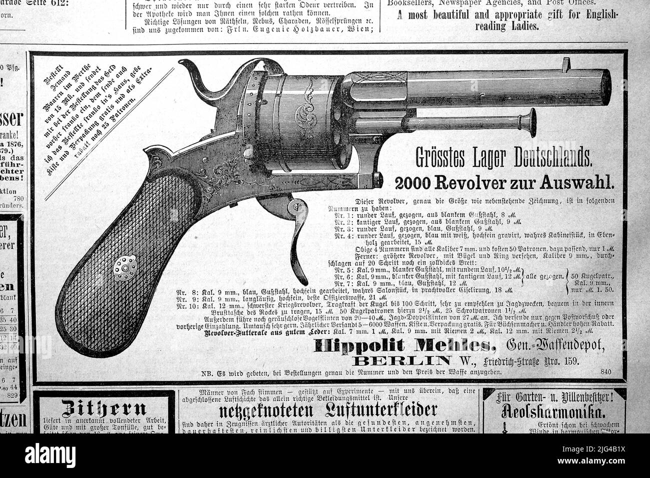 Werbung, Inserat der Firma Hippolit Mehles, größtes Waffenlager in Deutschland, Revolver, 1880, Deutschland  /  Advertisement, advertisement of Hippolit Mehles company, largest armory in Germany, revolver, 1880, Germany, Historisch, historical, digital improved reproduction of an original from the 19th century / digital restaurierte Reproduktion einer Originalvorlage aus dem 19. Jahrhundert, genaues Originaldatum nicht bekannt Stock Photo