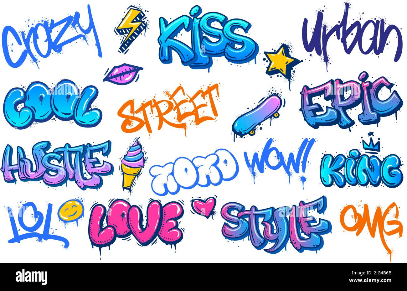 Street art lettering. Crazy urban graffiti, streets culture spray inscription and cool teenage wall scribble vector set Stock Vector