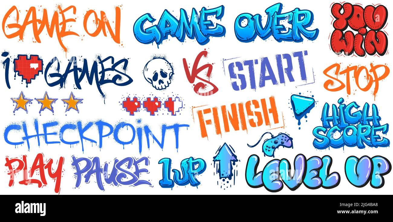 Gaming graffiti. Game over street art, level up and you win lettering. Play and pause, start and finish sprayed tags vector set Stock Vector