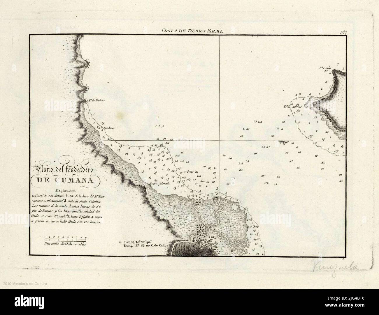 Cumaná's anchorage plan. It presents the anchorage and the plane of the city coordinates referring to the meridian of Cádiz. Oriented with average Lis Relief of coast represented by shading indicates batimetric probes notes that the probe numbers are 6 feet fathoms of Burgos and the marine background quality ratio of fortifications and geographical accidents indicated by alphabetical key Stock Photo