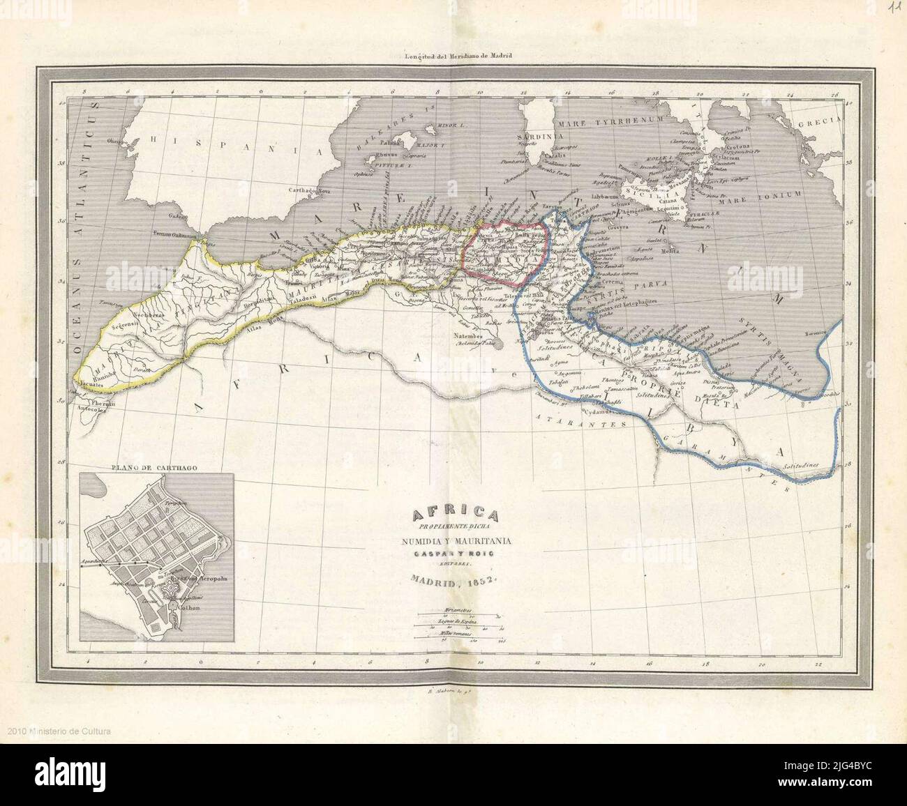 Africa: proper numidia and Mauritania. Meridian graduate margins of origin: Madrid Relief by normal Hydrographic Network Mares highlighted with a fine scratch administrative divisions differentiated by toponymy color lines of the main centers of the insert population in the lower left angle: "Carthage plan". Scale expressed in other Stock Photo
