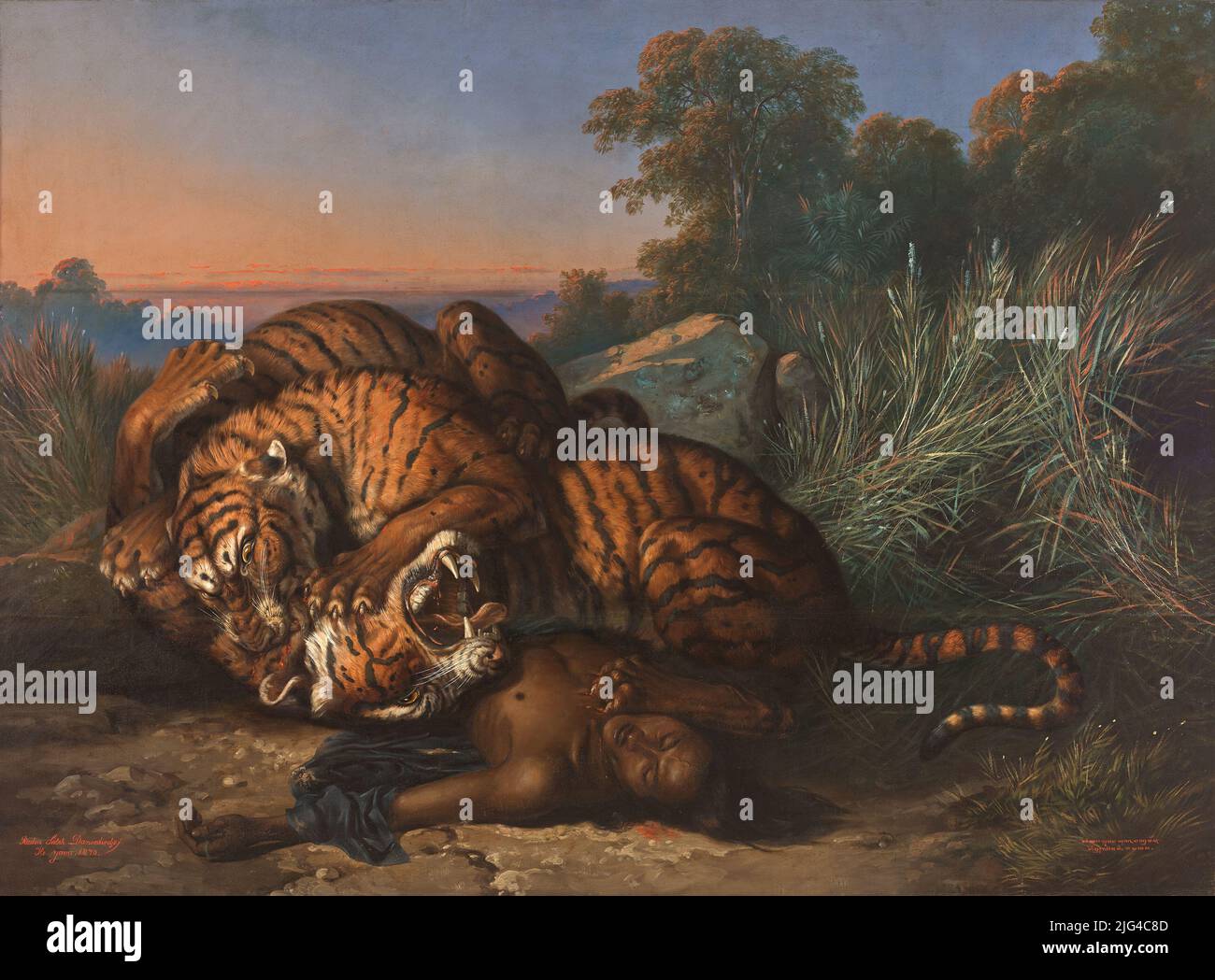 Kämpfende Tiger (Fighting Tigers) (1870) painting by Raden Saleh Stock Photo