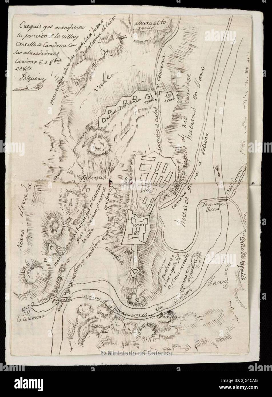 Sketch that manifests the position of the Villa and Castillo de Cardona with its surroundings. Manuscript signed and signed by the authority represented by normal is part of the memory: 'Description of Cardona by D. Ramón Folguera in 1809 Stock Photo