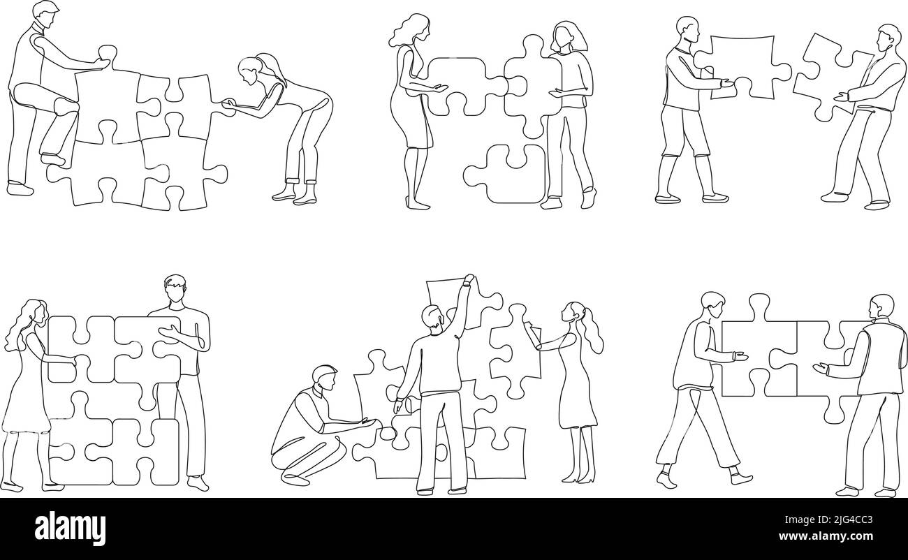 Team puzzle solving. People working together and connect puzzle pieces