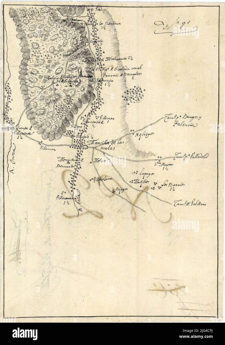 Mansilla sketches of the mules and nearby populations [map]. It includes part of the municipal terms of Mansilla de las Mulas, Villanueva de las Apples, Santas Martas, Villasabariego and Gradejes, in the province of León, with the populations, among others, of Mansilla de las Mulas, Villaceloma, Santas Martas, Puente Villante and grade title taken from annotation in the verse having added: 'And the nearby populations' Date taken from the SGE catalog: 'Provinces of León, Zamora and Salamanca. XVIII-XIX centuries.' 1967, p. 327 Orography through strokes highlights the path of the roads indicatin Stock Photo