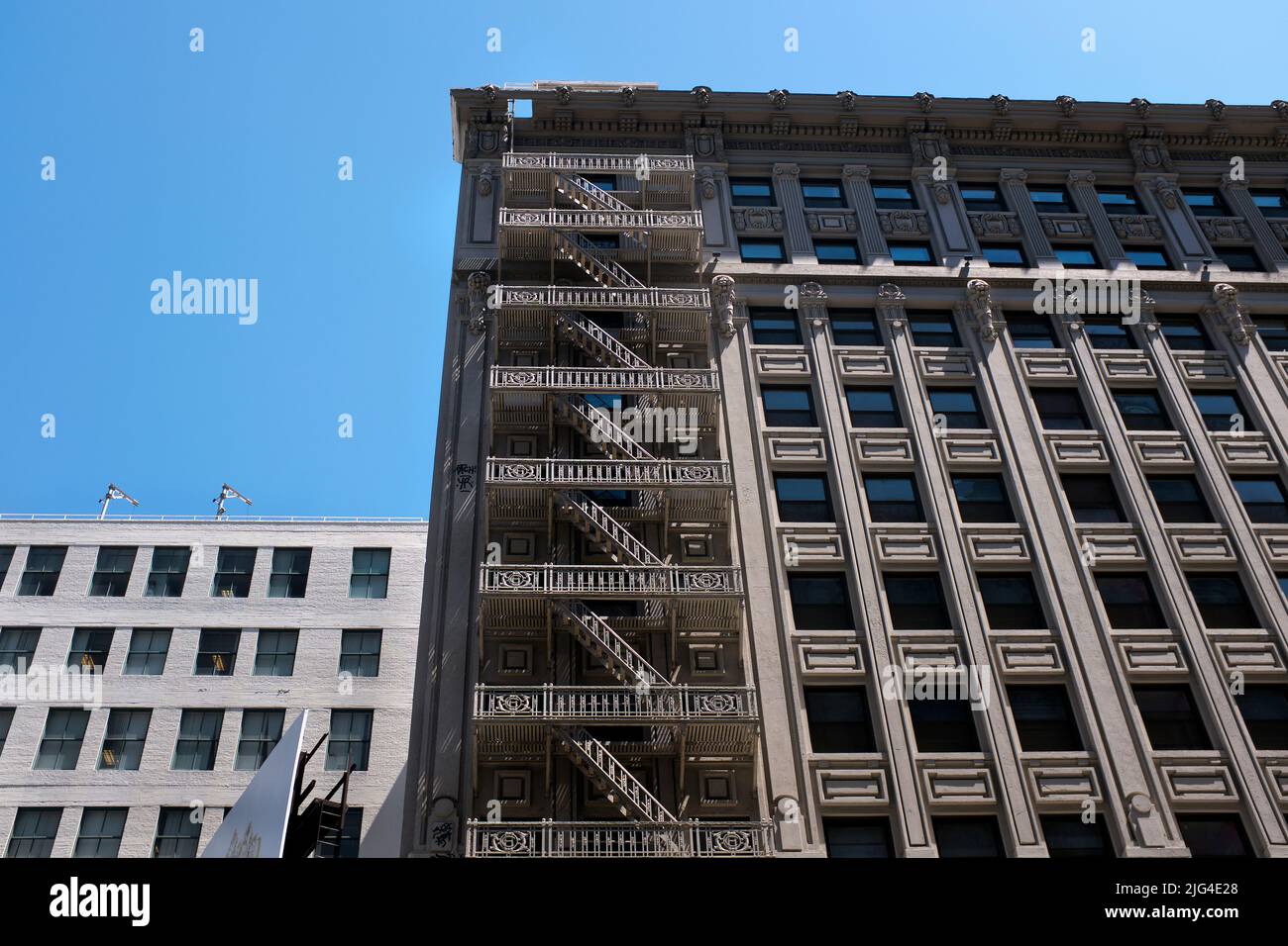 Cast iron fire escape on corner of building, Low Angle View, Los