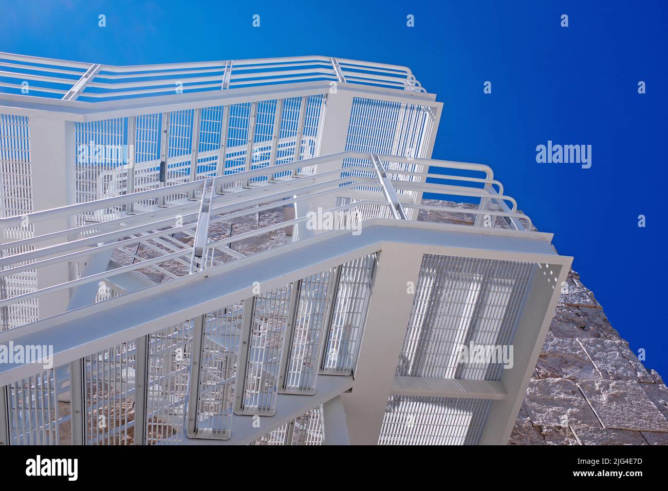 Low Angle View of White Fire Escape against Blue Sky, Getty Center, Los Angeles, California, USA Stock Photo