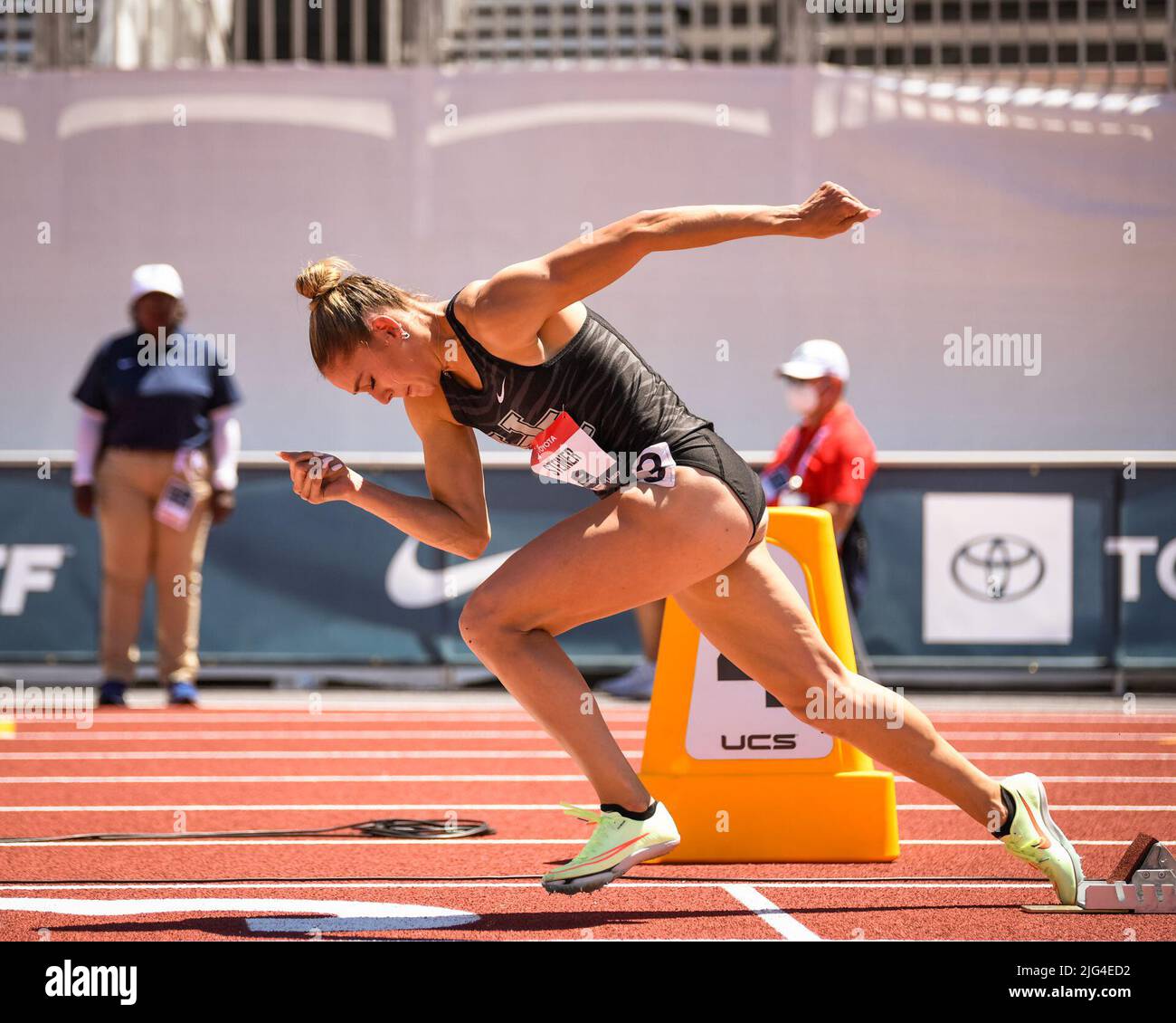 Eugene, United States. 25th June, 2022. Abby Steiner takes off in the