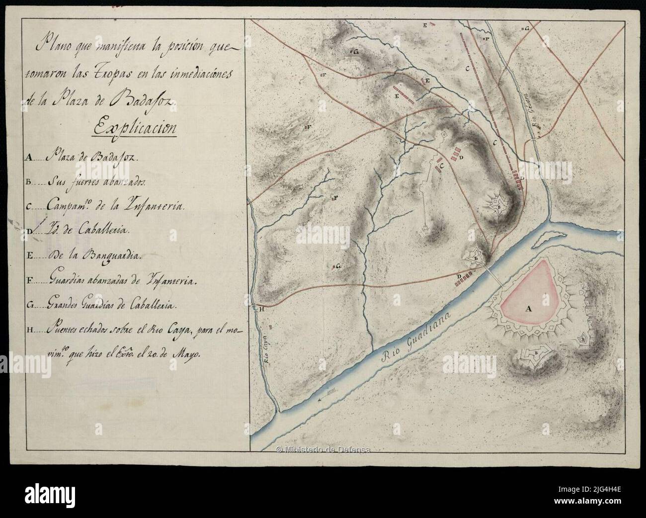 Plan that manifests the position that troops took in the immediate vicinity of Badajoz Square. Manuscript to Plumilla in black ink and colored to the watercolor in various colors relief represented by shadow relationship of the main fortifications, camps, bridges etc, indicated by alphabetical key indicates the course of the Guadiana River with arrow Stock Photo