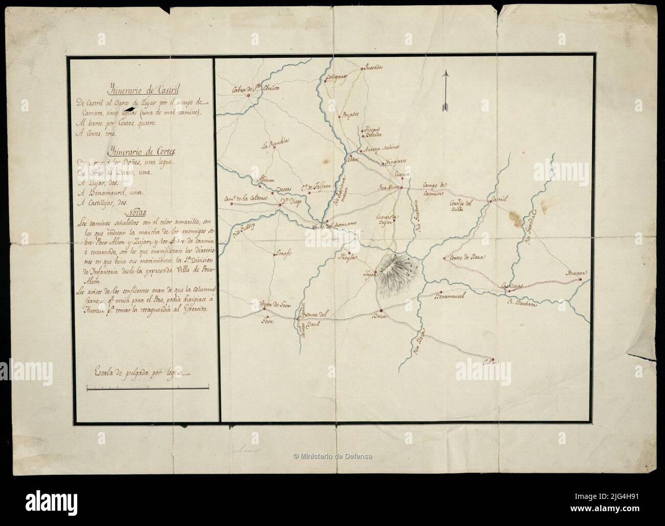 Castril Ytnerario; YTINERARY OF CUTS. It includes the Cúllar, Baza, Gor, Gor, Quesada and goat zone of the Holy Christ manuscript to Plumilla in black ink and colored to the watercolor in green, blue and siena oriented with arrow indicates the different points through which the itineraries pass the itineraries relative note relative to 'the roads indicated with the yellow color are those that indicate the march of the enemies ... and the sides of Carmin ... movements of 1 division' filigree: '1800 let ... WHO Stock Photo