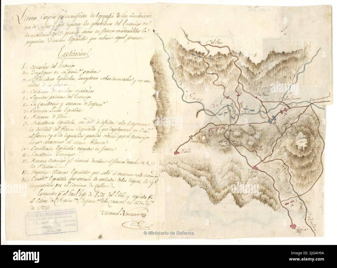 CROQUIS LIXERO that manifests the topography of the immediate vicin. It includes the area of Baza, Freila, Zújar and Benamaurel manuscript signed and signed by the author. A black ink and colored watercolor in blue, green and carmine relief represented by normal relationship of the main positions, number of troops and battle development indicated by numerical key indicates population and road nuclei Stock Photo