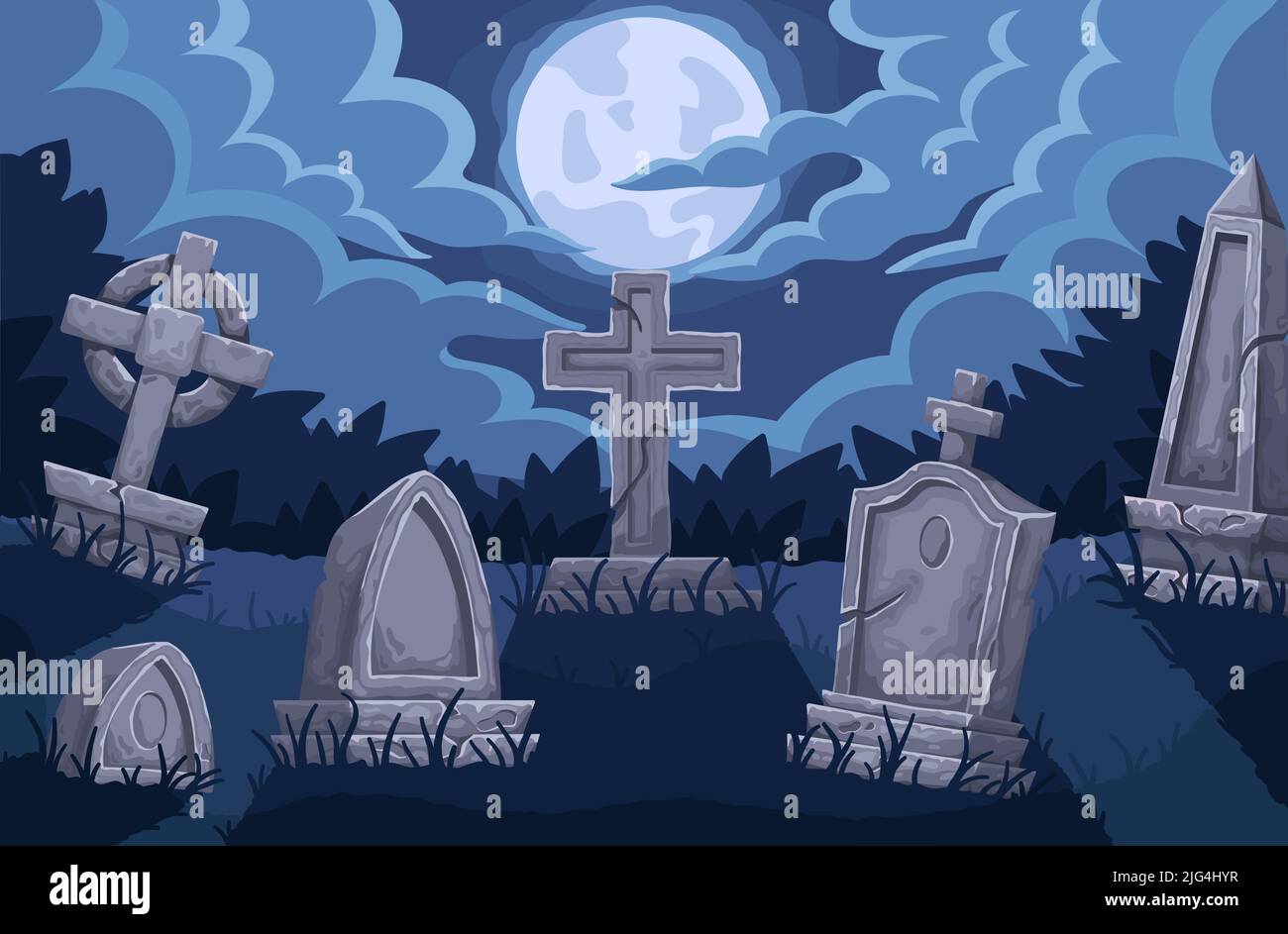 Full Moon Over Graveyard Spooky Halloween Night Among The Graves Cemetery Tombstones And