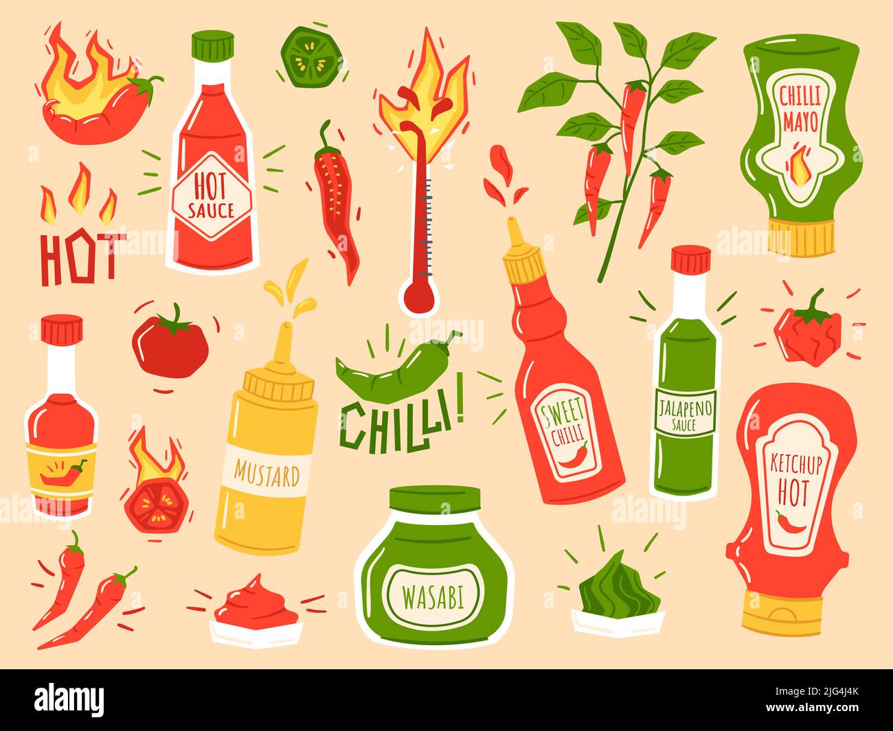 Hot sauces. Sweet chilli, spicy mayo and ketchup bottles. Wasabi, mustard and flaming peppers vector Illustration set Stock Vector