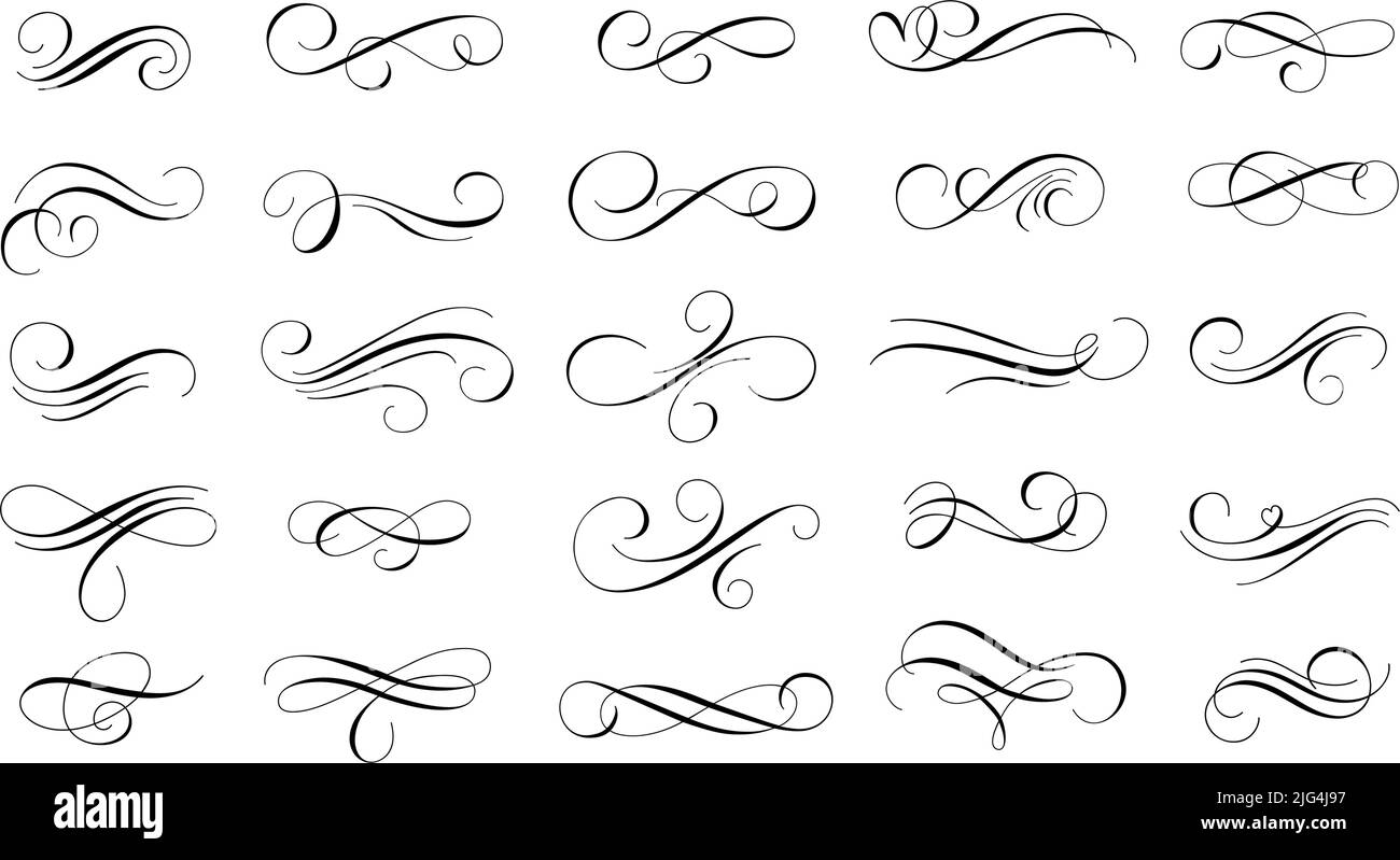 Calligraphic flourish. Retro curved ornaments for letters decoration and invitations design vector set Stock Vector