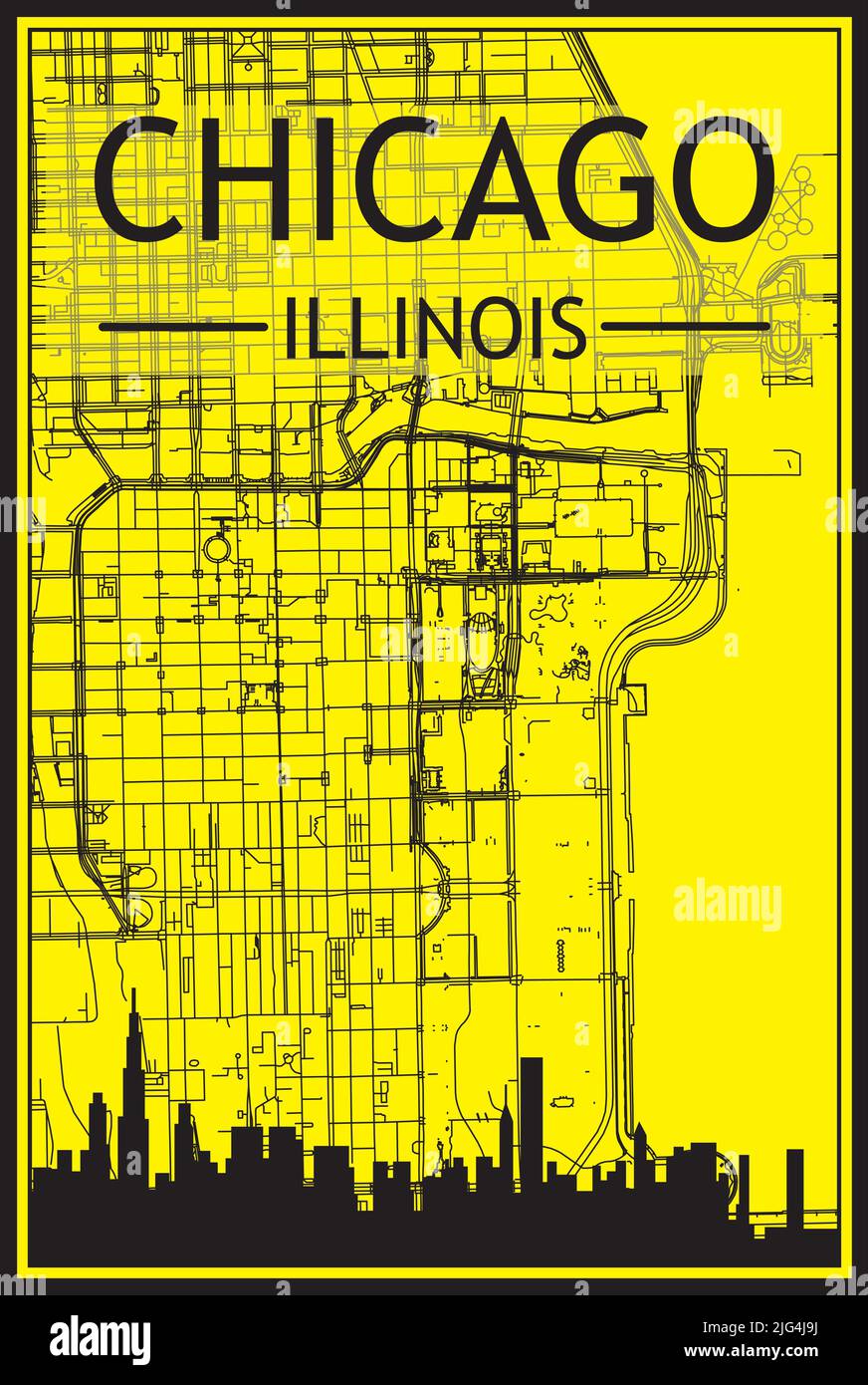 Golden printout city poster with panoramic skyline and hand-drawn ...