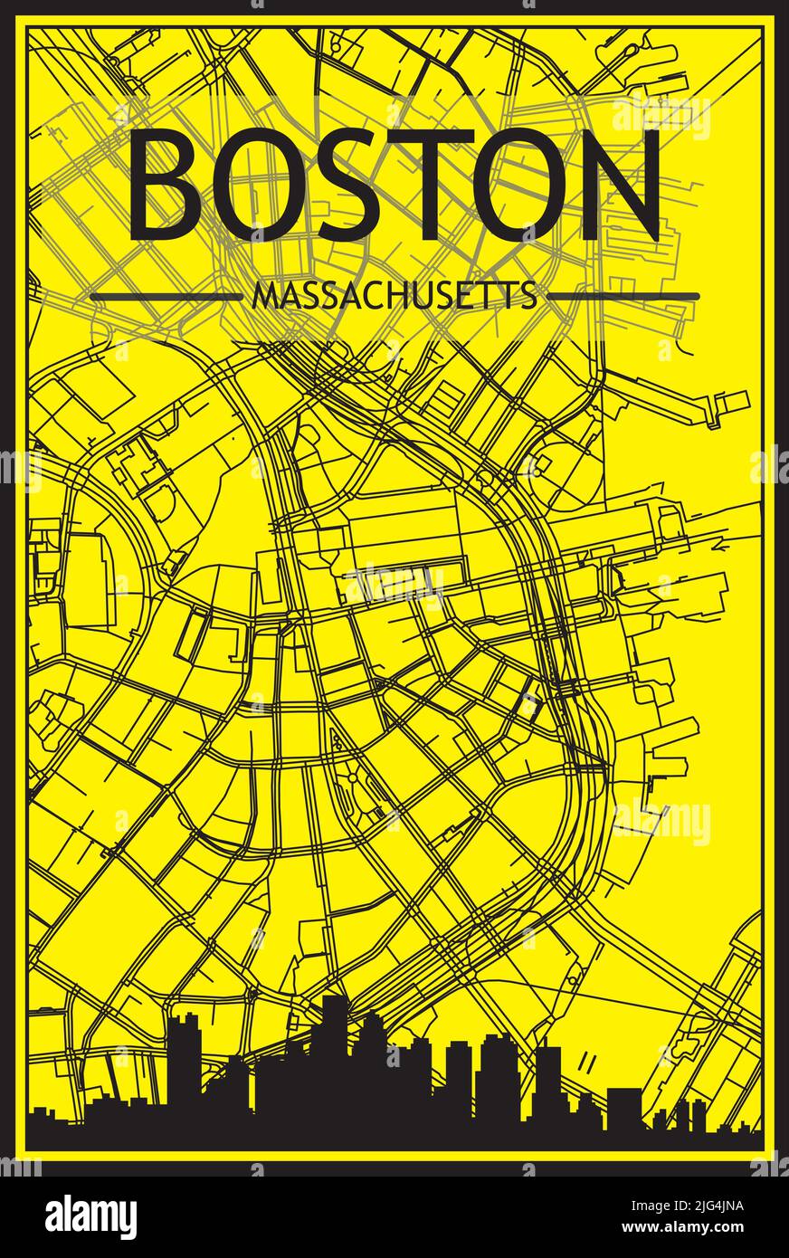 Golden printout city poster with panoramic skyline and handdrawn