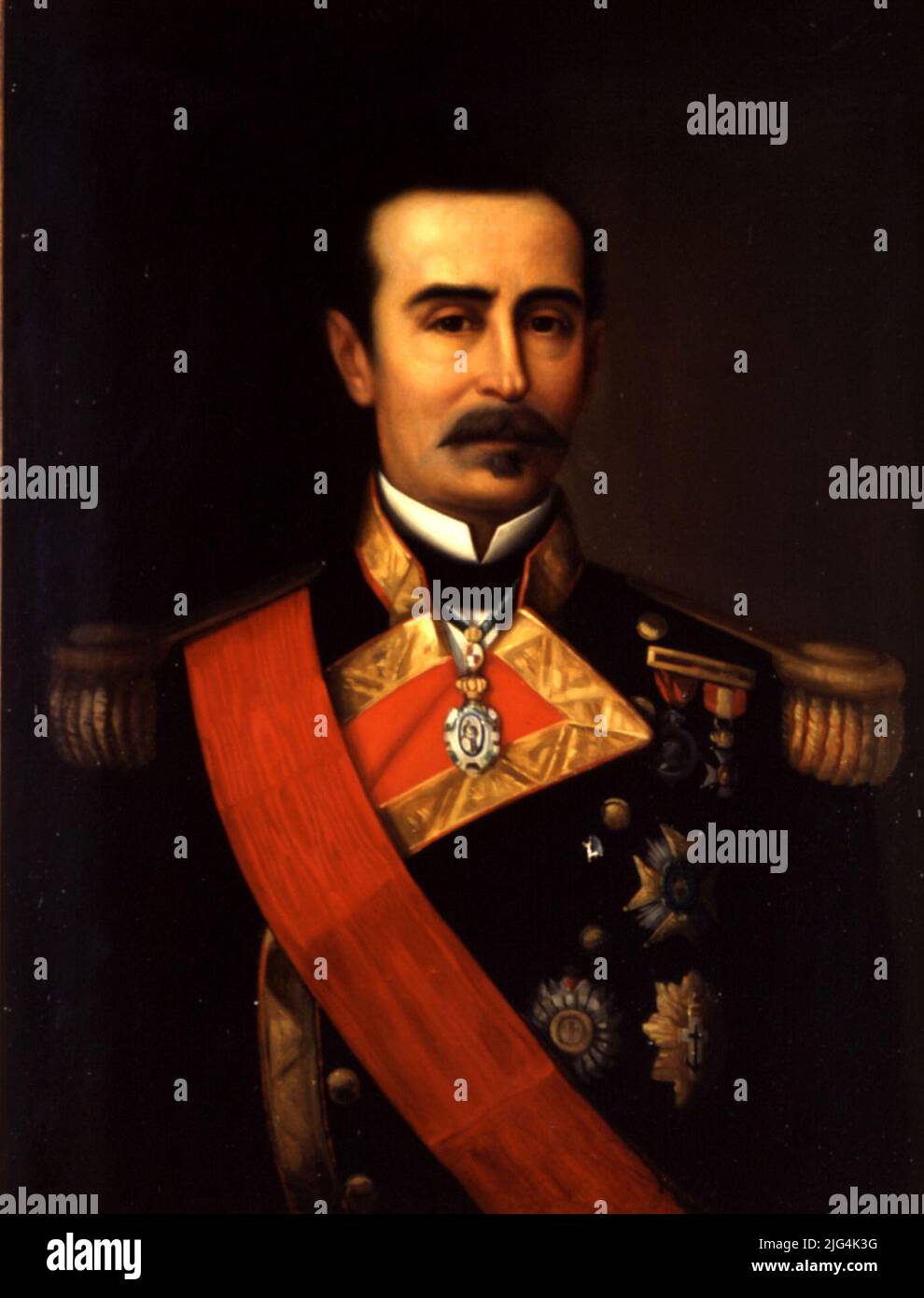 Portrait of Captain Javier Salas Rodríguez (1832-1890). Portrait. Portraits 6. 1933 appears a request from Javier de Salas, vice councilor of the Navy so that the portrait of his father will be placed in the museum; It is answered that a copy will be made by the painter of the museum. Francisco Javier Salas: Gala uniform bust with a medal, Cruz and Rodríguez. Three big crosses, a band and necklace of the Academy of History. Neutral background. Stock Photo