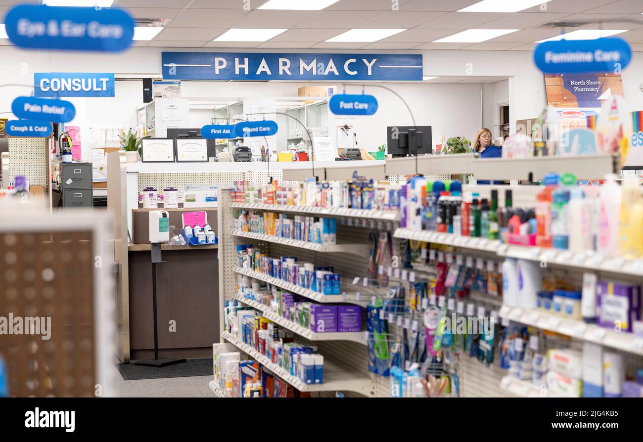 A pharmacy and drug store in a small town, not a chain brand Stock Photo