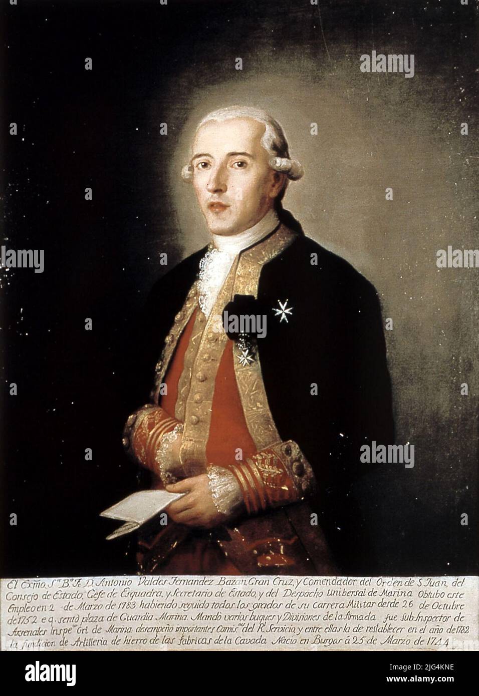 Portrait of Antonio Valdés Fernández de Bazán. Frame. It comes from the Royal Company of Marine Guardian Knights of Cádiz, deposited in an Arsenal de la Carraca warehouse. The Tiana García Tenorio Pibre has made two copies of this portrait for the family of (Amadeo de la Reina and Luis de la Peña ). Exhibition: Jovellanos - 'Nov 94 - January 95' Gijón Jovellanos Museum. Cit. Catalog: Jovellanos, Pag. 170, BMN 14315 National Iconography, 1914 No. 3717 3/4 portrait. Neutral background, with a light architectural. The rest almost in front with wig, period uniform, his hand Dcha. Under the vest, a Stock Photo
