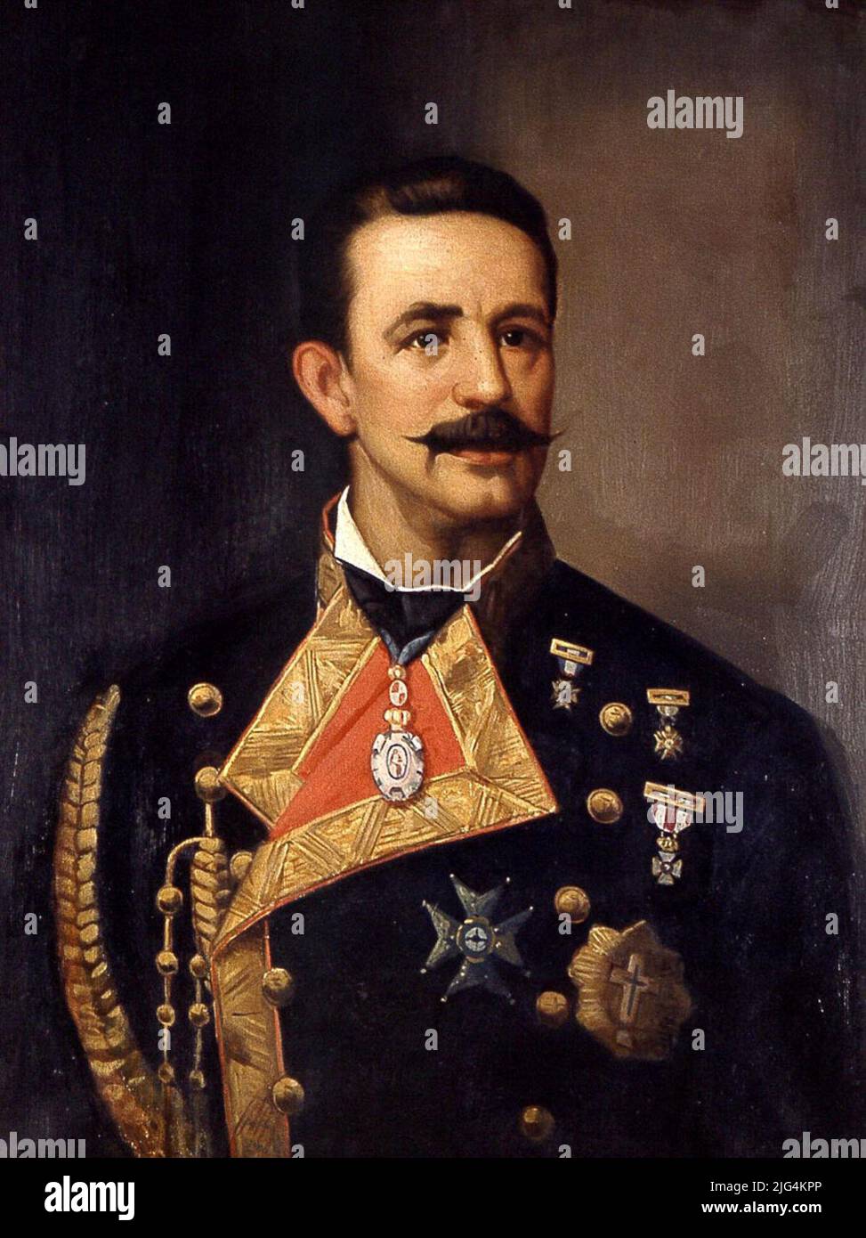 Portrait of Captain Cesáreo Fernández Duro (1830-1908). Portrait. Contemporary age. Gold and black frame with moldings. Cesáreo Fernández Duro. Gala uniform with three crosses, two large crosses, sneak medal of the Academy of History and Neutral Fund. Stock Photo