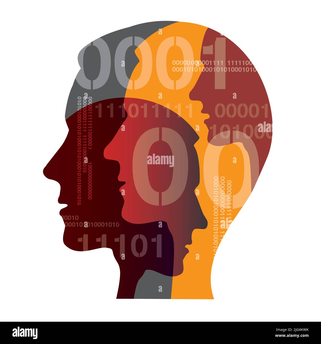 Men with binary codes,computer experts. Illustration of stylized Male heads silhouettes of young men, programmers. Isolated on white background. Stock Vector