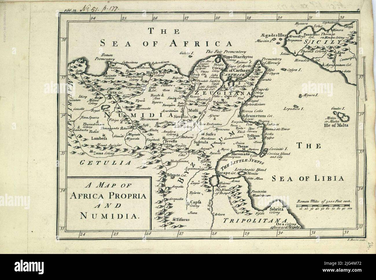 A Map of Africa Propria and Numidia. Graduated margins cities