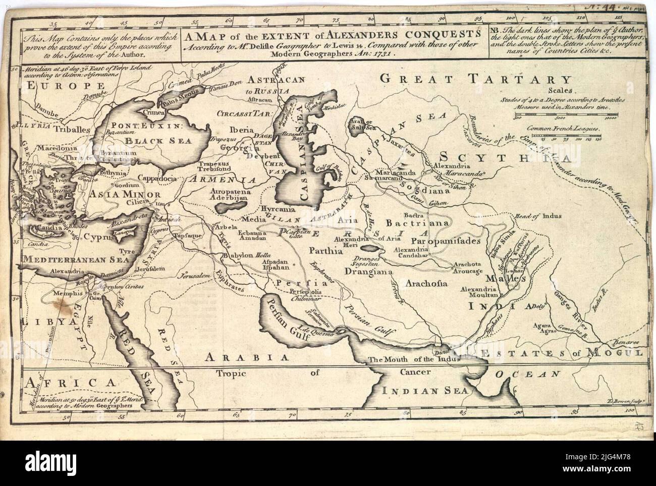 A map of the extent of Alexanders conquests According to Mr Delifle Geographer to Lewis 14. Compared with tose of other Moder Geographer An: 1731. Graduate margins indicates the tropics of meridian cancer of the Bizancio Ohzoncio Hydrographic Net Superior Right Explanatory Note: 'Nb The Dark Lines Show The Plan of Ye. Author, The Light Ovat of the Modern Geogrphers; and by Double Stroke Letters Show The Present Names of Countries Cities' Digital Copy. Madrid: Ministry of Culture, 2010 Stock Photo