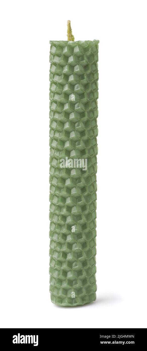 Front view of green beeswax honeycomb candle isolated on white Stock Photo