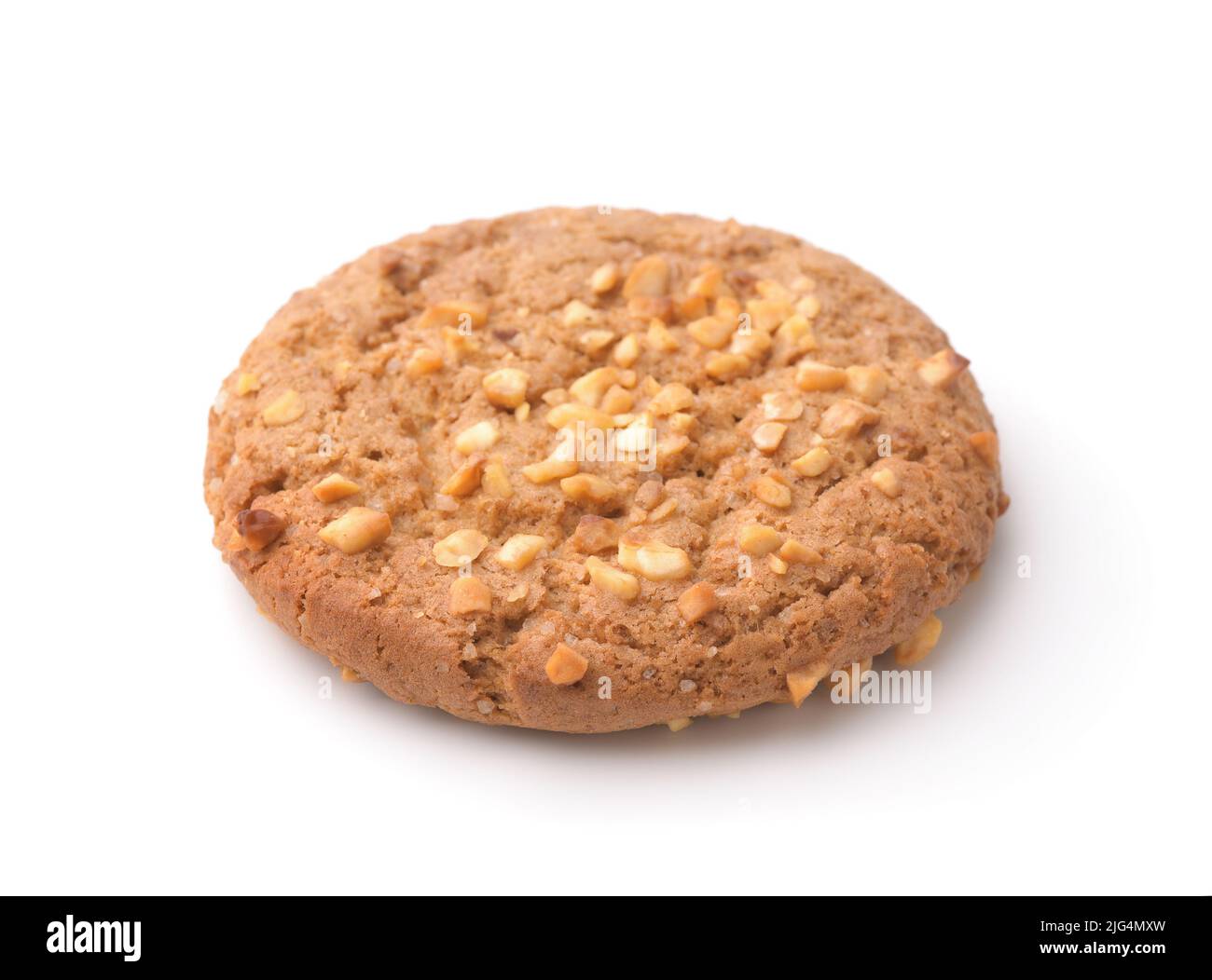 Single freshly baked oatmeal cookie with peanut crumb isolated on white Stock Photo