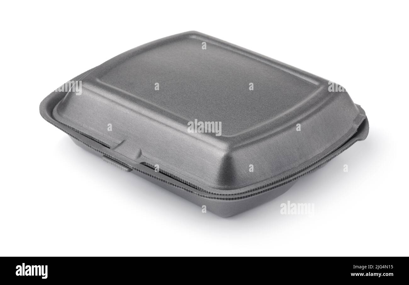 Closed disposable gray styrofoam food container isolated on white Stock Photo