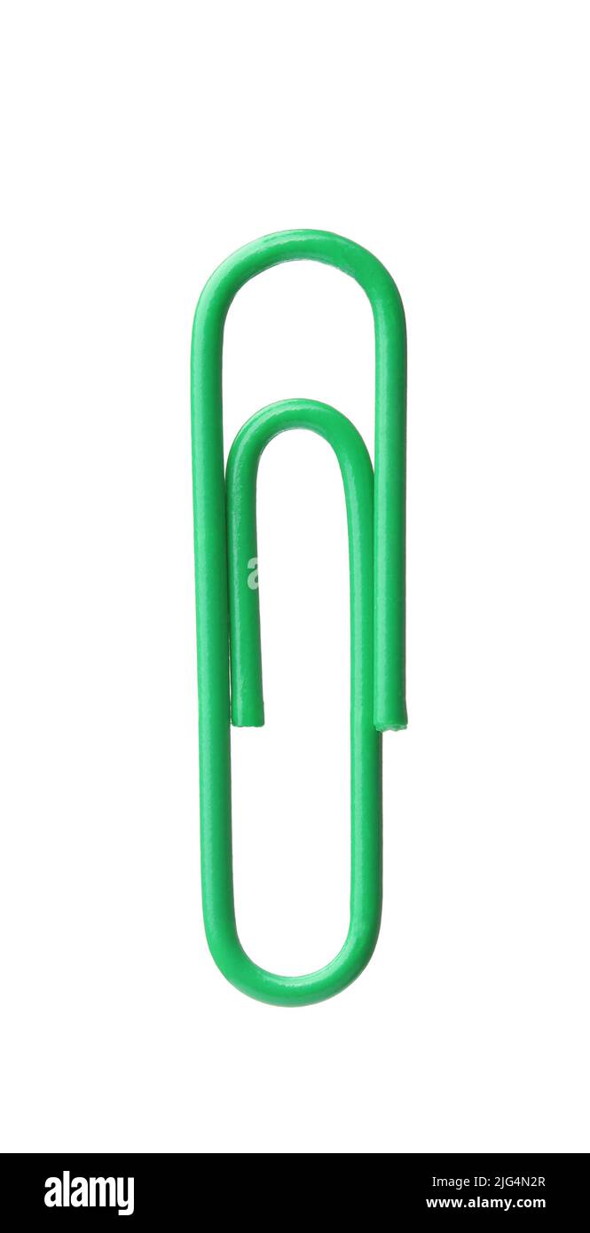Front view of single green paper clip isolated  on white Stock Photo