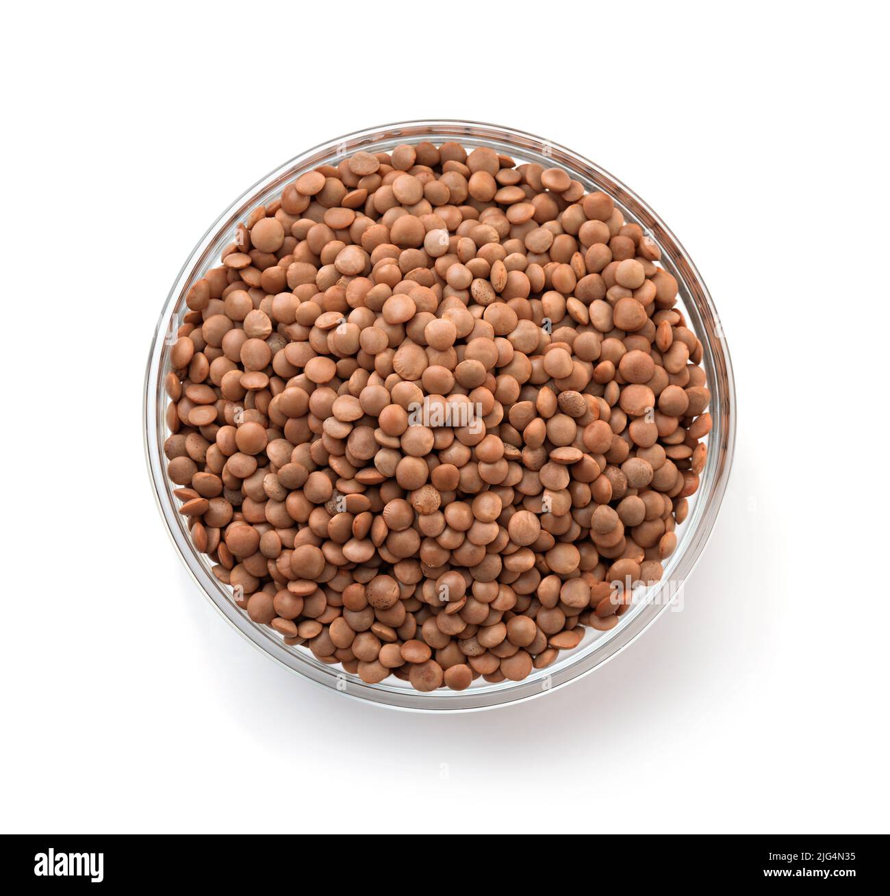 Top view of dry brown lentils in glass bowl isolated on white Stock Photo