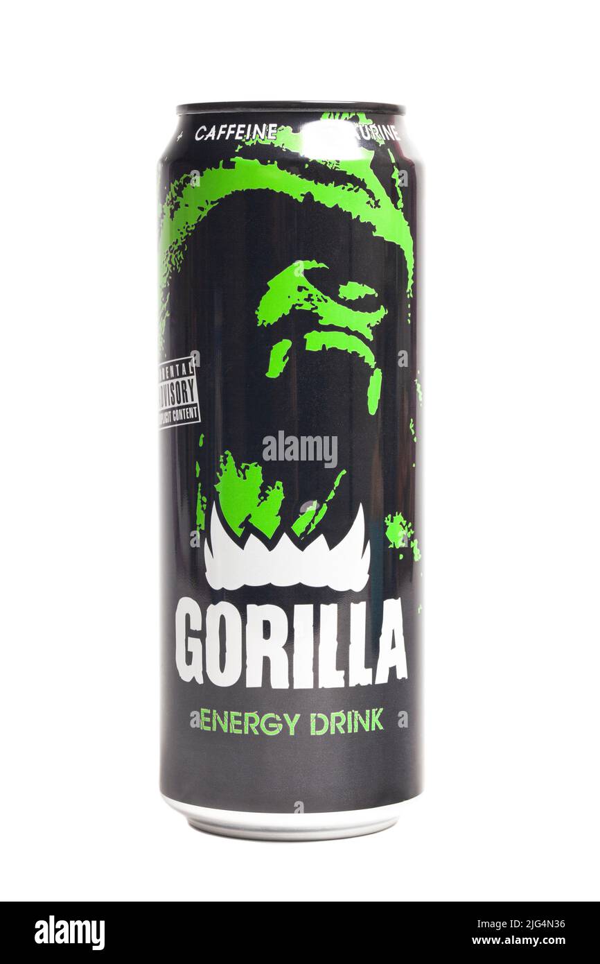 Moscow, Russia July 07,2022 Gorilla energy drink isolated on white