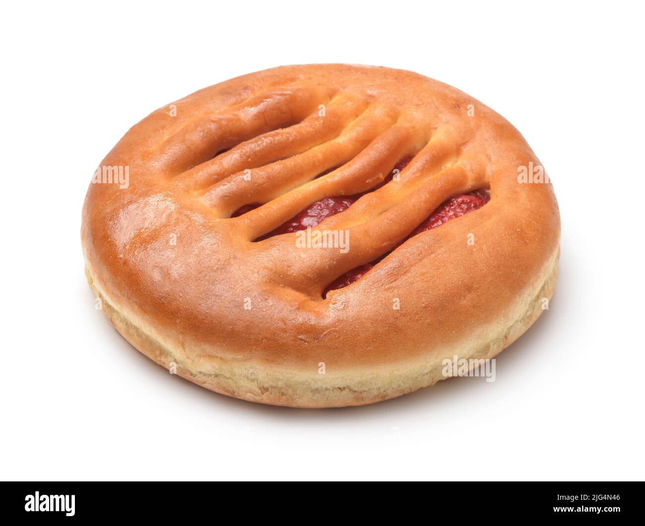 Freshly baked whole round strawberry pie isolated on white Stock Photo