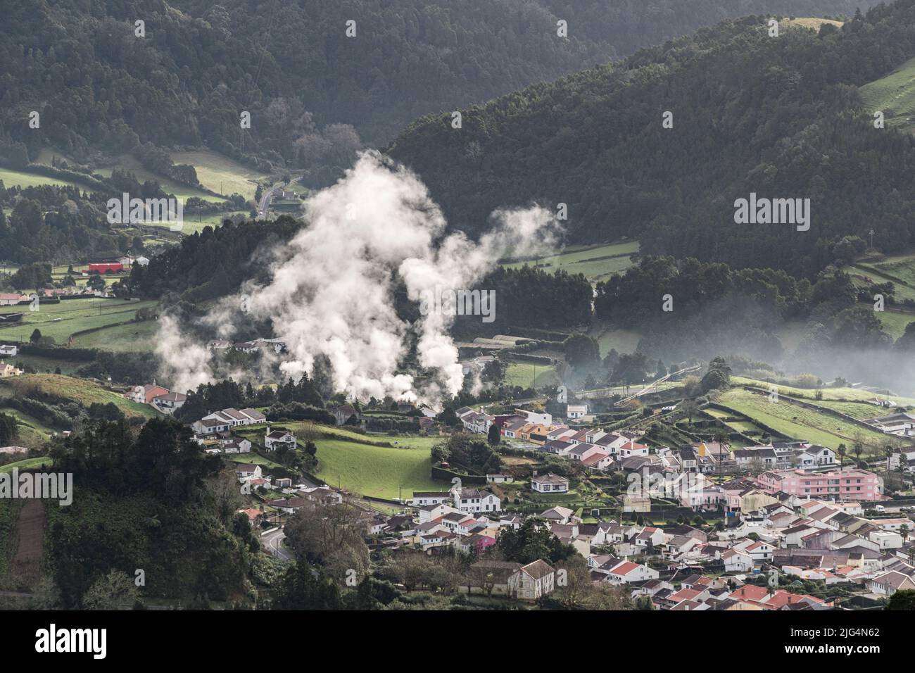Panoramic view of the small village Furnas with its fumaroles in the Sao Miguel island. Azores, Portugal. Stock Photo