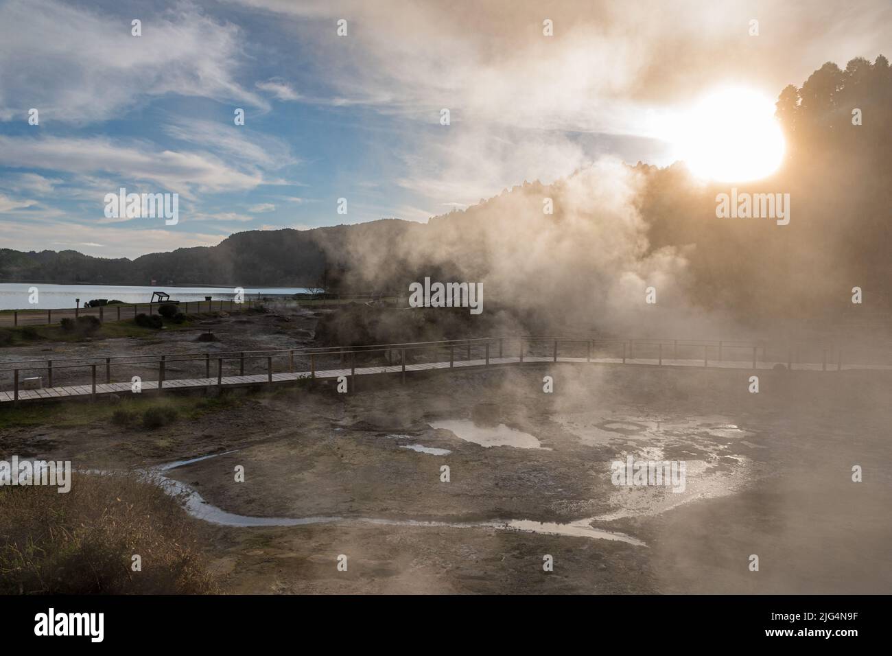 Steam from hot springs at the shore of Furnas lake, in Sao Miguel island. Azores, Portugal. Stock Photo